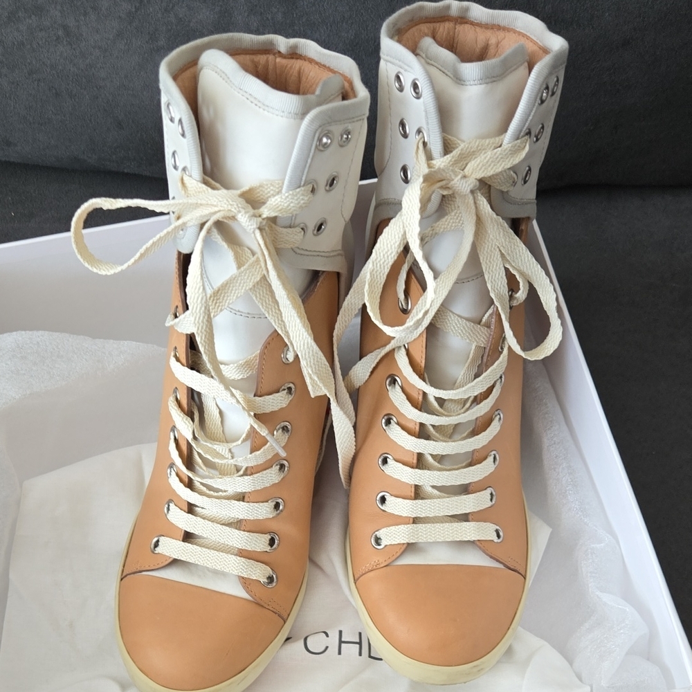 See By Chloe Tan and White Lace Up Boots